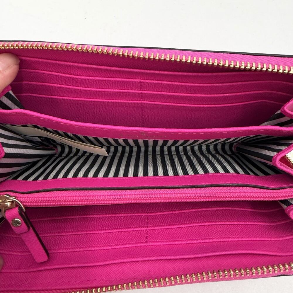 Kate Spade Zip Around Hot Pink Leather Wallet B&W Striped Interior - Picture 3 of 11